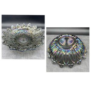 Federal Glass Bowl Petal Pattern Smoke Iridescent Amethyst Carnival 10.25" Vtg